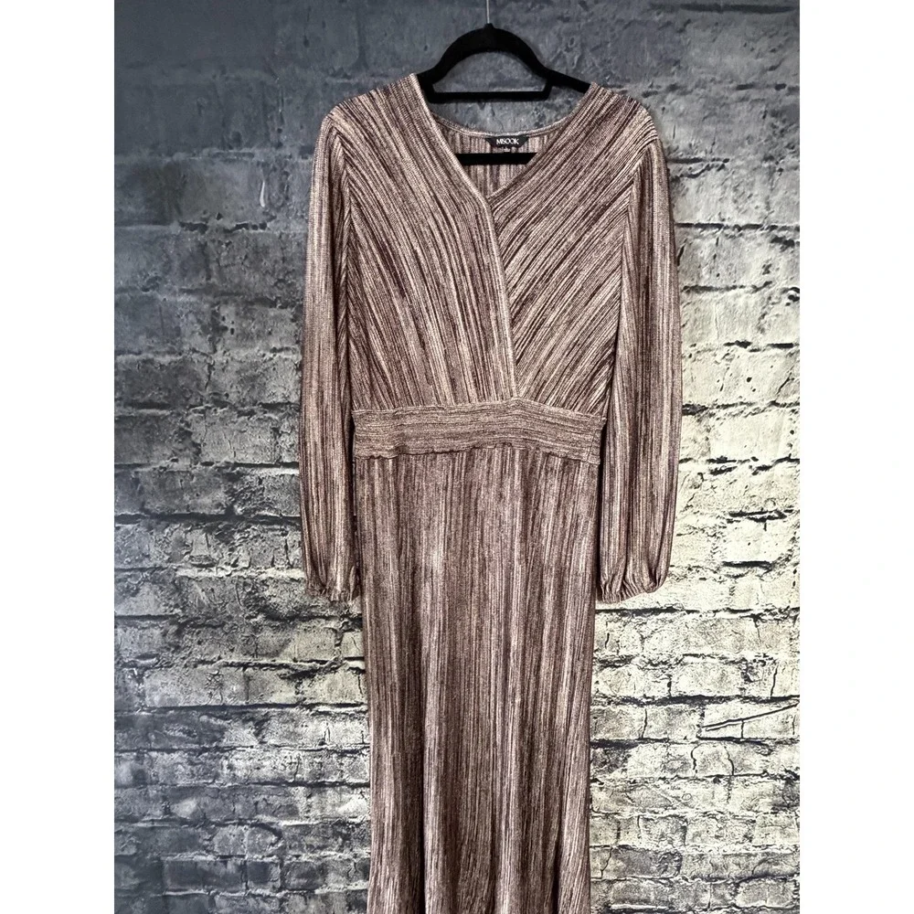 Misook Dress Womens Large Brown Striped Knit Pleated V Neck Long Sleeve Maxi - Picture 2 of 12
